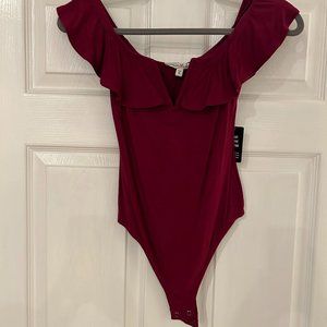 Express One Eleven Red Bodysuit Off the Shoulder Flounce S NWT
